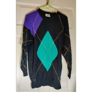 Vintage Alberoy Black multi Women’s Argyle Sweater wool blend Sz M